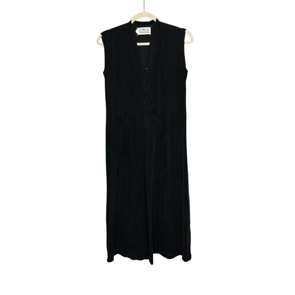 Maison Margiela Vintage Silk Pleated Dress L Black Button Front Midi Italy